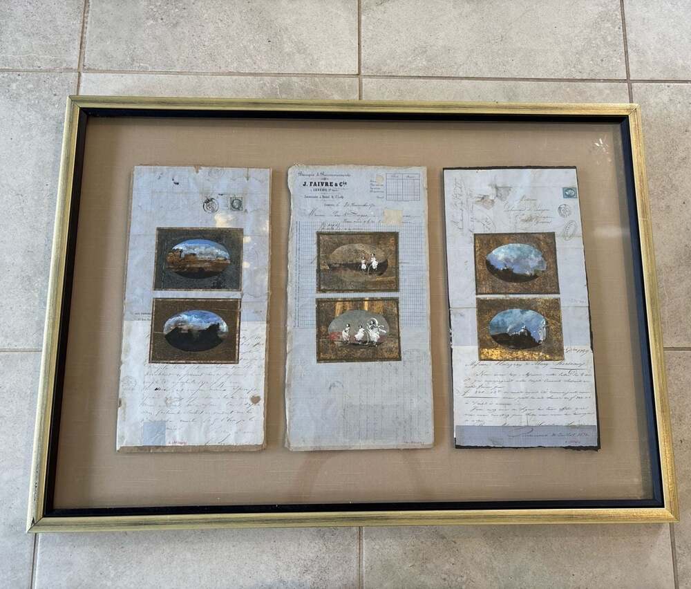 Framed Antique French Documents and Hand-Painted Miniatures Collection